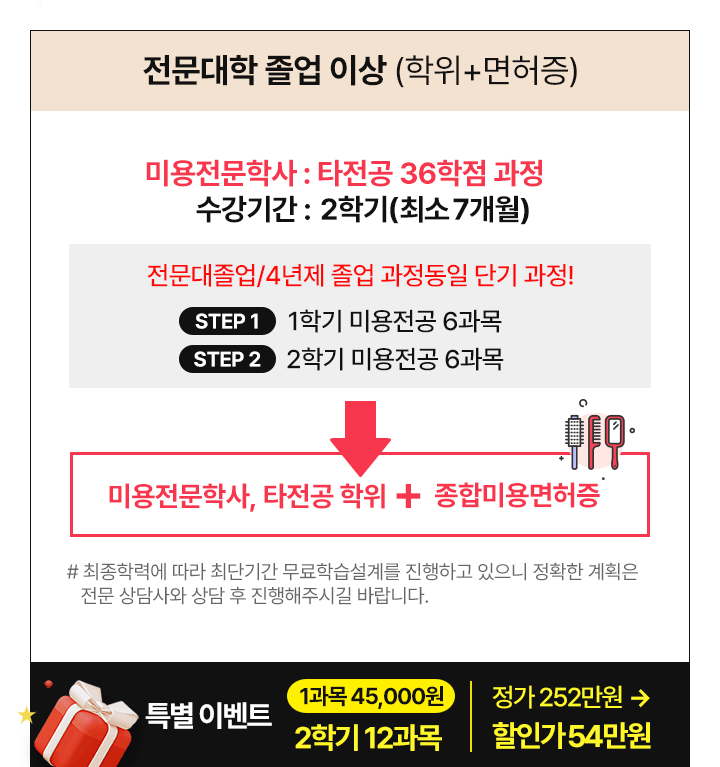 전문대학 졸업이상(학위+면허증) 미용전문학사, 타전공학위+종합면허증